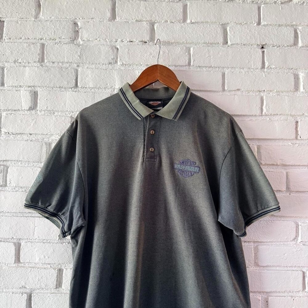 Vintage 90s Harley-Davidson Auburn Massachusetts Green Embroidered Polo Shirt Lg
